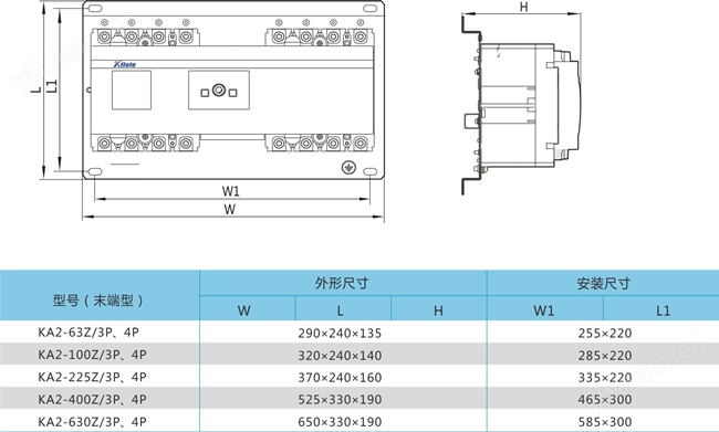 末端型双电源外形及安装尺寸
